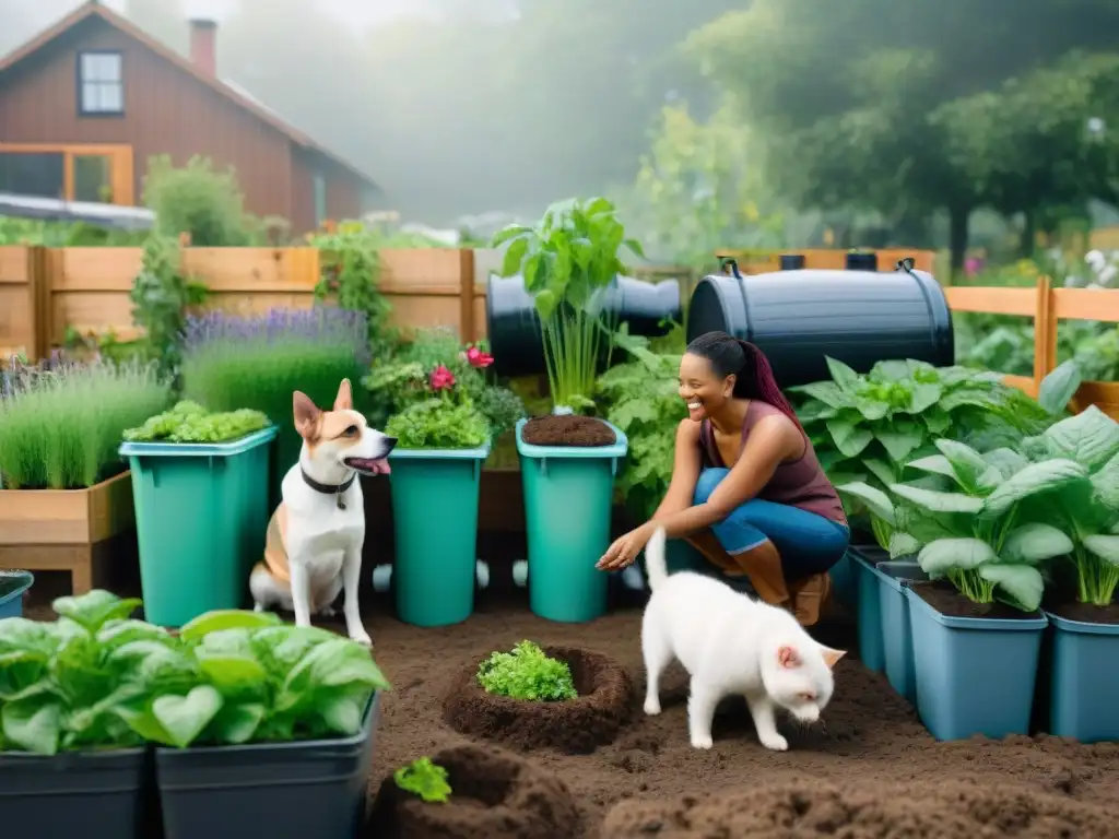 Comunidad de dueños de mascotas en un jardín sostenible, compartiendo tips sobre 'Productos ecofriendly para mascotas'