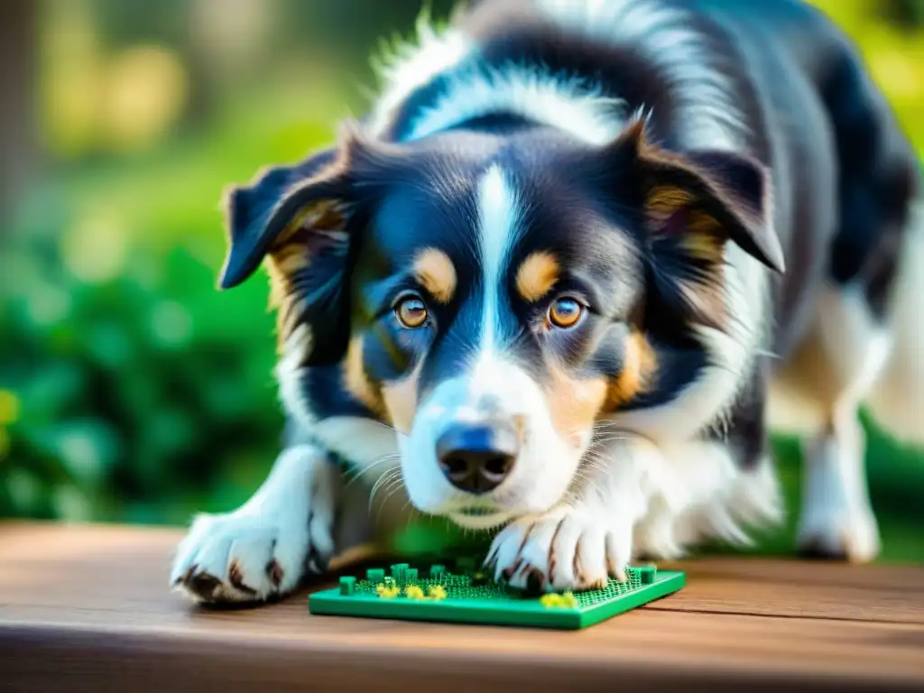 Border Collie resolviendo rompecabezas: inteligencia felina en acción Border Collie concentrado resolviendo juguete, destacando su inteligencia