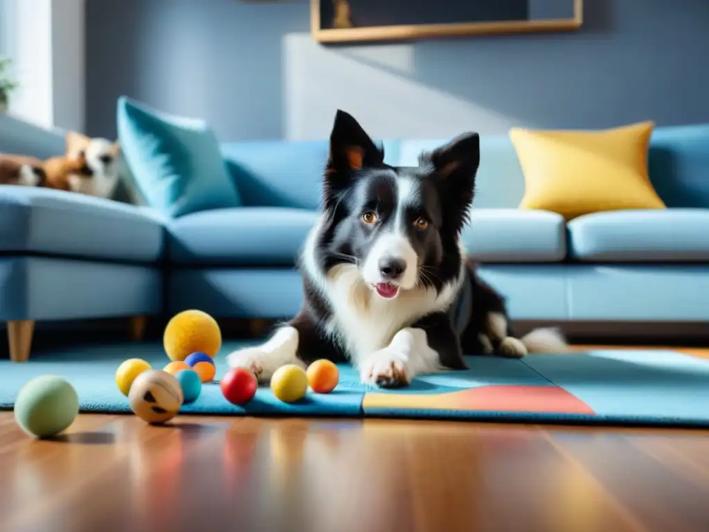Border Collie resolviendo puzzle: diversión y aprendizaje Border Collie concentrado resolviendo juguete, rodeado de juguetes y golosinas en sala luminosa