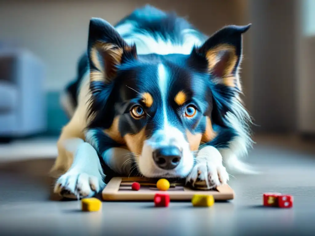 Border Collie resuelve desafío mental con determinación Border Collie concentrado resolviendo un rompecabezas, rodeado de juguetes y premios, escena de ejercicios estimulación mental perros