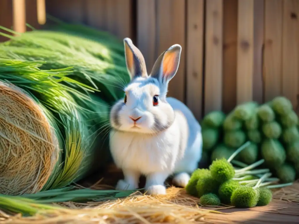 Tierno conejo blanco disfrutando de heno fresco en su jaula soleada Un conejo blanco y esponjoso disfruta de una dieta alta en fibra mientras come heno fresco en un ambiente soleado y acogedor