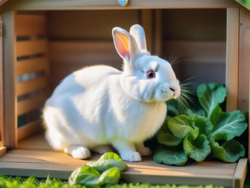 Tierno conejo blanco disfruta de verduras frescas en un hutch acogedor Un conejo blanco esponjoso come verduras verdes en un conejera soleada y acogedora