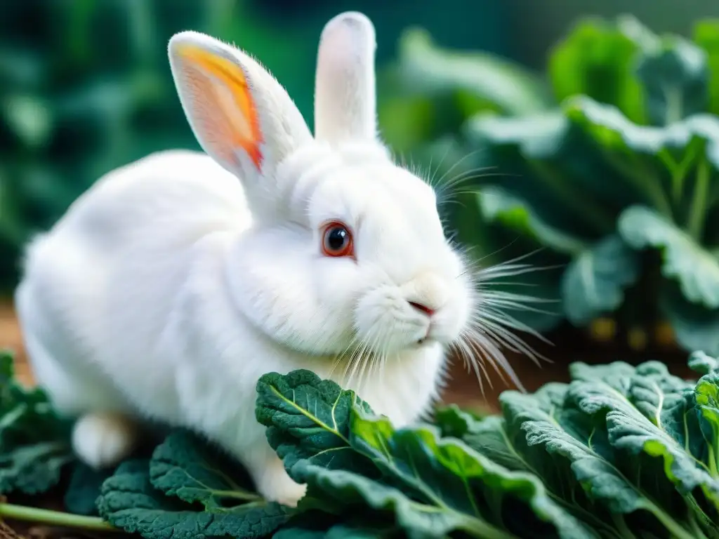 Rabbit saludable disfruta de hoja de kale: detalle cautivador Conejo blanco saboreando hoja de kale, dieta alta en fibra conejo, ojos brillantes y vitalidad