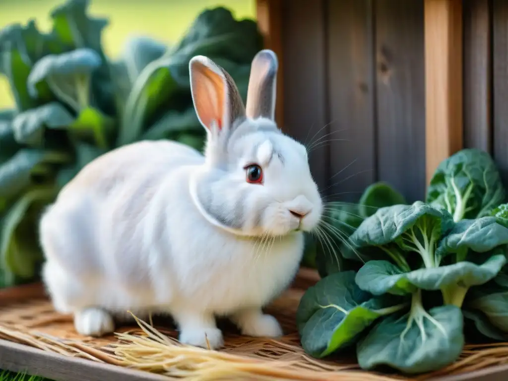 Tierno conejito blanco y marrón disfrutando de una dieta saludable Un conejo blanco y marrón come vegetales verdes en un heno acogedor