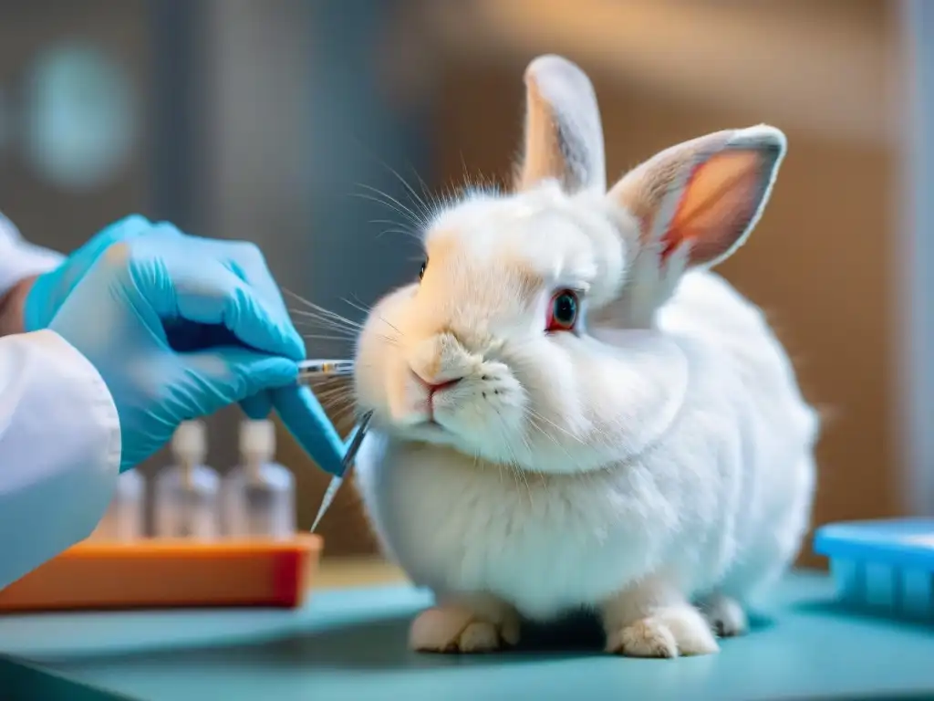 Vacunación de conejo: Profesionalismo y cuidado en la clínica veterinaria Vacunación en conejos recomendaciones: Conejito blanco recibe vacuna con cariño de veterinaria en clínica moderna y luminosa