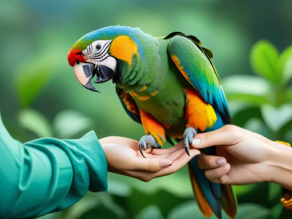 Conexión humana-ave: cuidado amoroso en jardín Una conexión genuina entre humano y loro en un jardín tranquilo