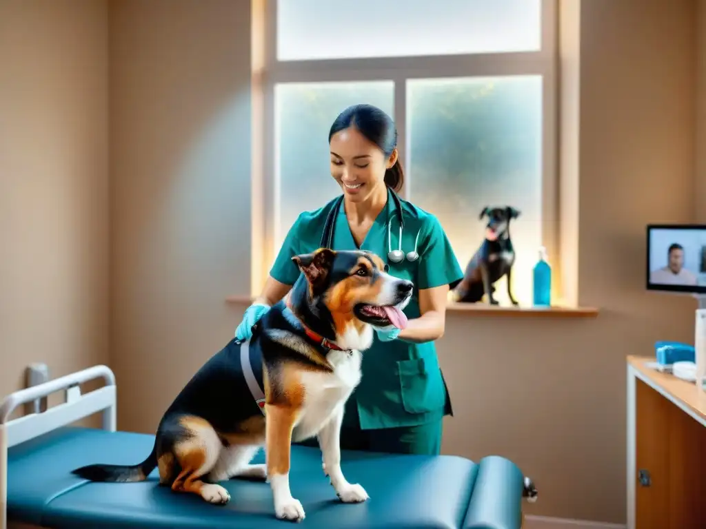 Emotiva terapia física canina con veterinario dedicado Conmovedora fisioterapia para aliviar dolor en mascotas: veterinario, perro y dueño unidos en esperanza y cuidado en clínica veterinaria iluminada