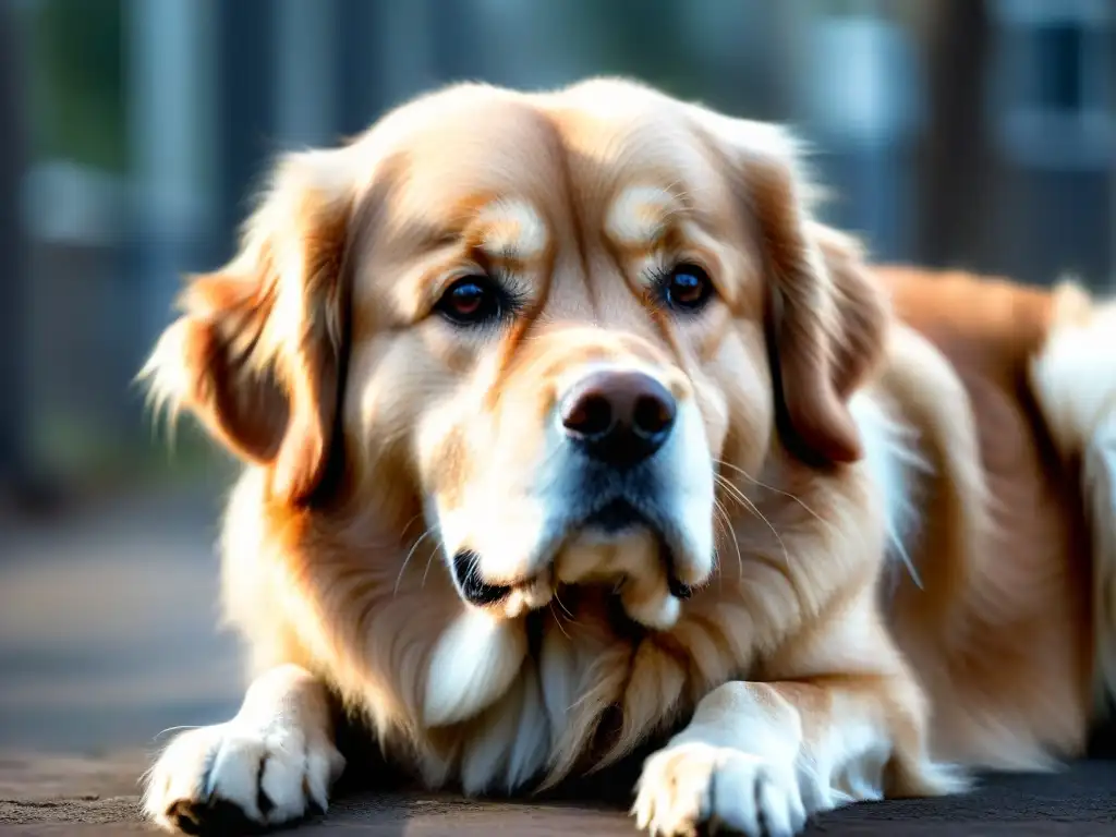 Retriever dorado con artritis: mirada esperanzada y dolorosa Conmovedora imagen de un golden retriever con artritis y sobrepeso, mostrando dificultad para caminar