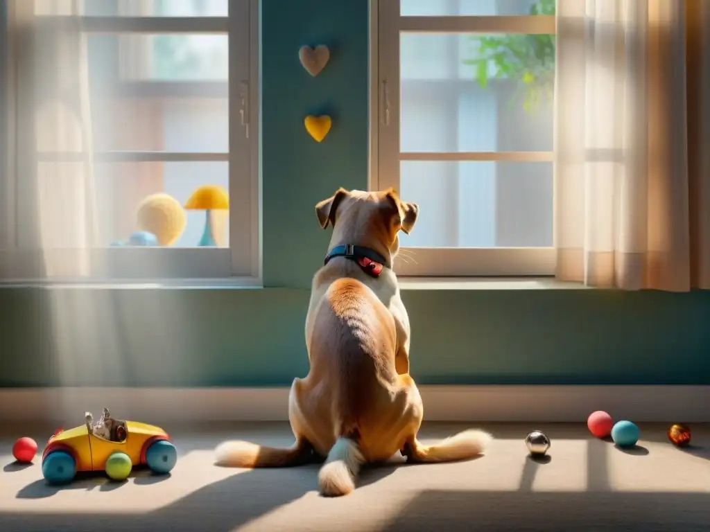 Conmovedora imagen: perro solitario con ansiedad por separación Conmovedora imagen de un perro solitario junto a la ventana, rodeado de juguetes y una correa, reflejando la ansiedad por separación en mascotas