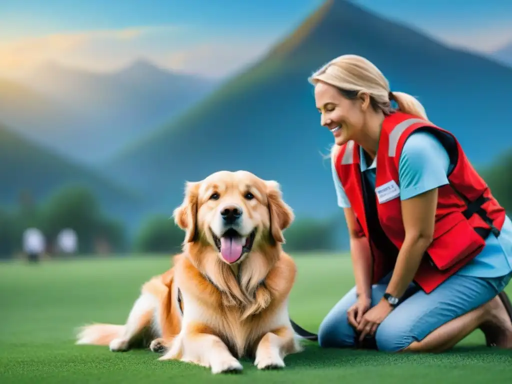 Una conmovedora terapia asistida por animales: niño sonriente acaricia a un perro guía dorado en un campo verde bajo cielo azul