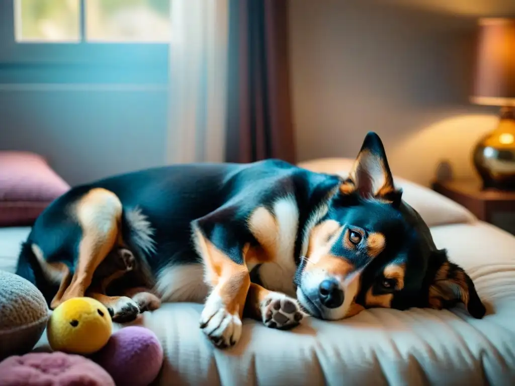 Tierno perro mayor disfrutando de amor y comodidad Consejos para cuidar mascota anciana: Perro mayor relajado en cama con juguetes, acariciado con amor en ambiente sereno y cálido