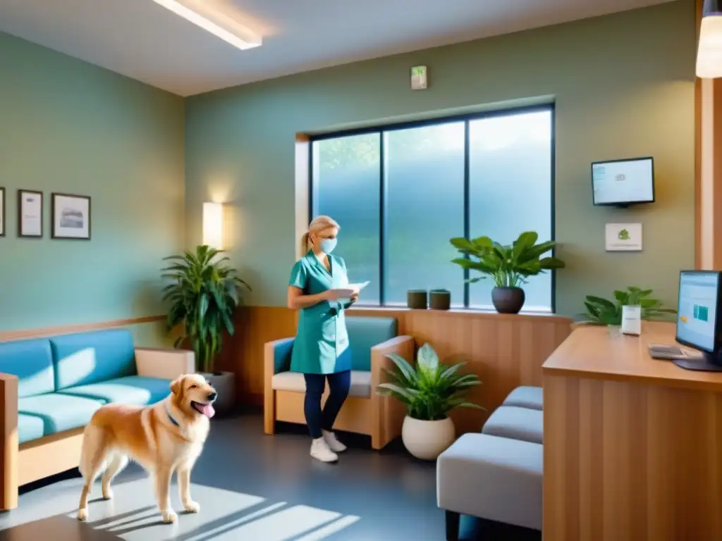 Clínica veterinaria serena y acogedora: tranquilidad y profesionalismo Consultas veterinarias sin estrés en un ambiente sereno y acogedor con colores tranquilos, asientos cómodos y elementos naturales