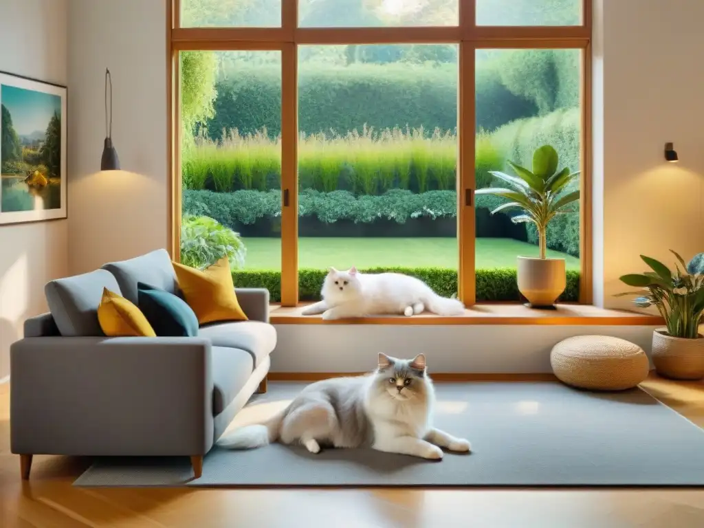Armonía entre mascotas: gato y perro en sala luminosa Convivencia pacífica entre mascotas en un salón soleado con gato persa blanco y perro golden retriever descansando en armonía