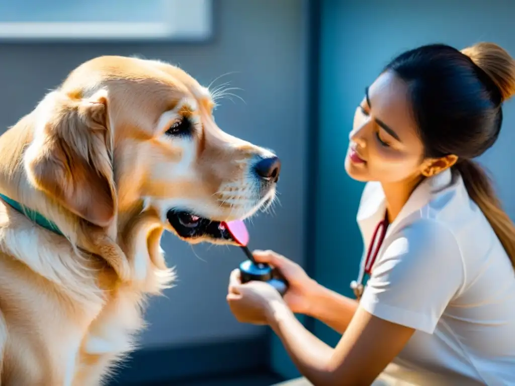 Conmovedora escena: veterinario ausculta corazón de golden retriever Veterinario escucha el corazón de un golden retriever, previniendo enfermedades cardíacas en mascotas
