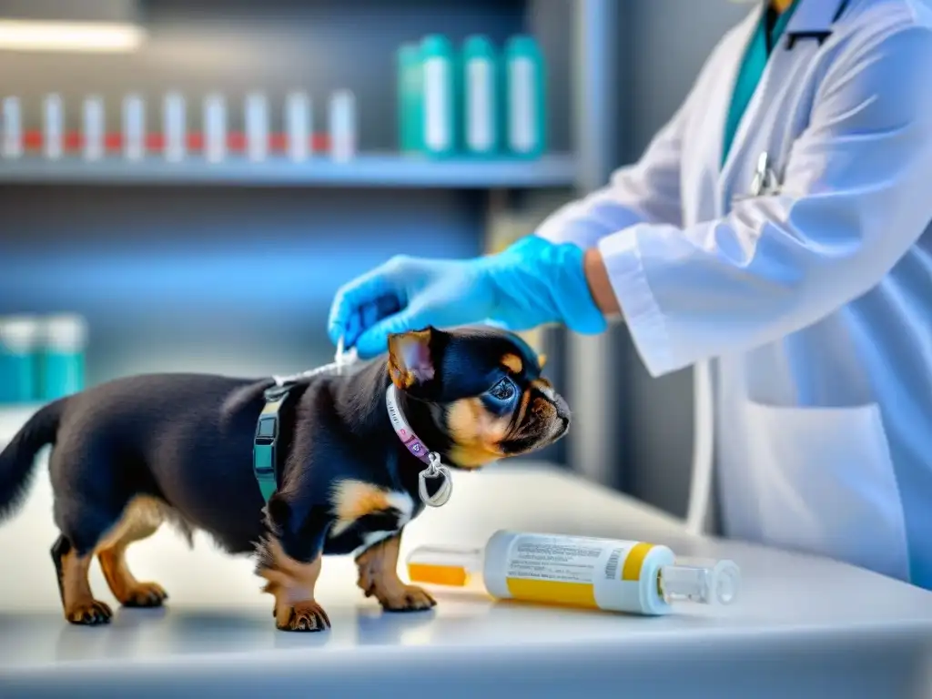 Veterinario dosificando antibióticos para perro con cuidado Veterinario dosifica con cuidado antibióticos para perrito