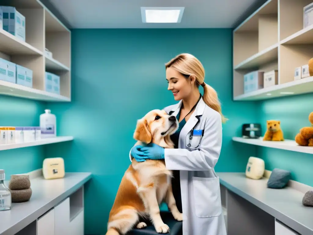 Exploración veterinaria detallada: cuidado amoroso para cachorro de golden retriever Veterinario examina con cuidado a un cachorro de golden retriever en clínica moderna