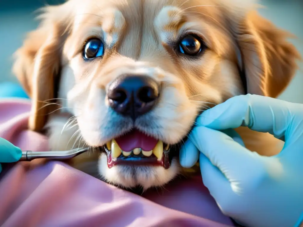 Revisión dental de cachorro golden retriever en clínica veterinaria Cuidado dental para mascota cachorro: Veterinario examinando dientes de un tierno golden retriever