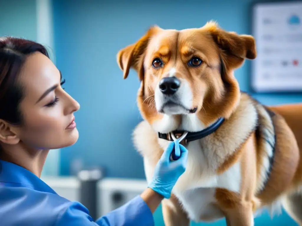 Veterinario examina perro con stethoscope en clínica Veterinario examina con cuidado a perro preocupado, destacando detección temprana cáncer en mascotas