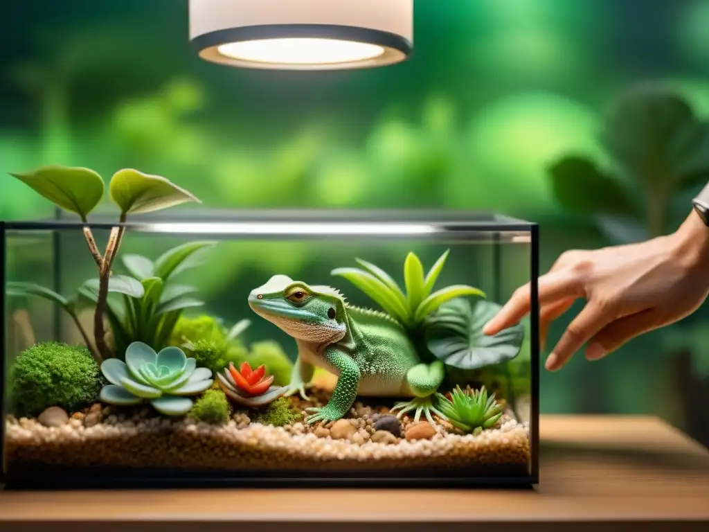 Preparando con cuidado el terrario para un nuevo reptil, mostrando consideraciones adopción reptiles responsables