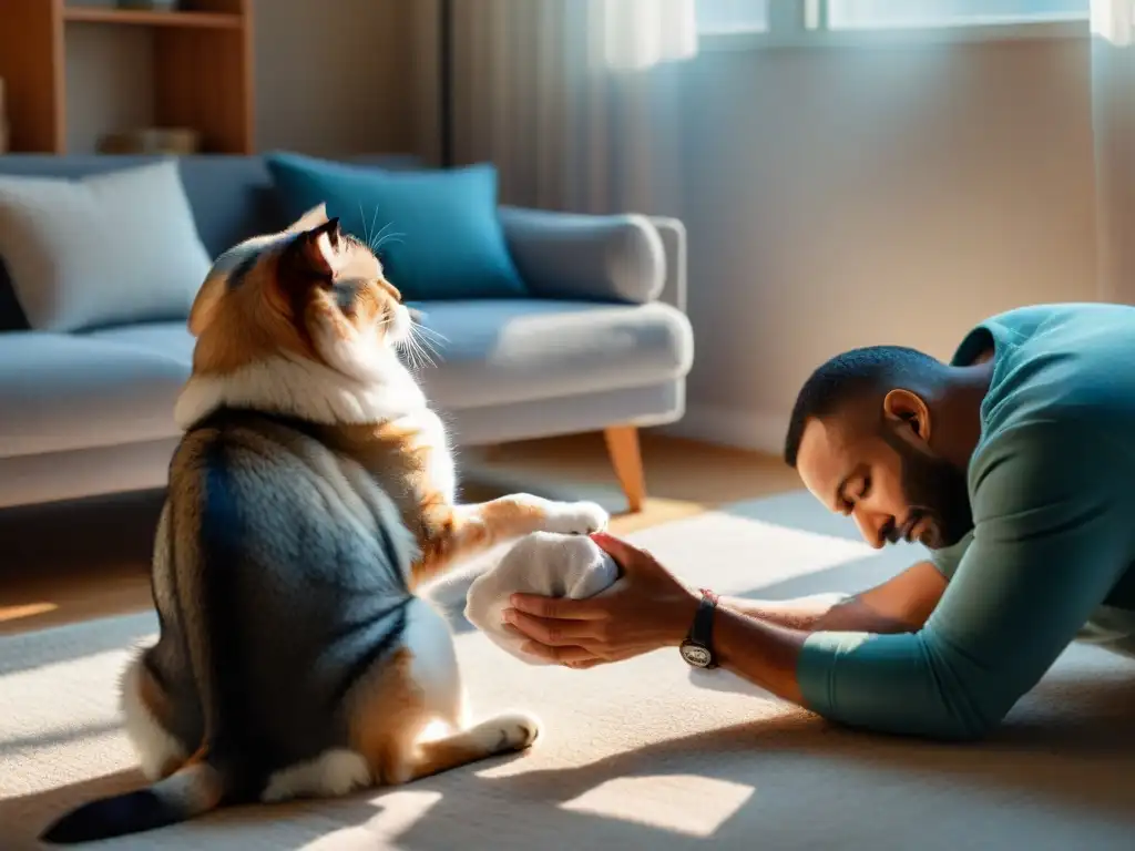 Un cuidador reconforta a su mascota diabética, transmitiendo amor, preocupación y determinación en un ambiente cálido y acogedor