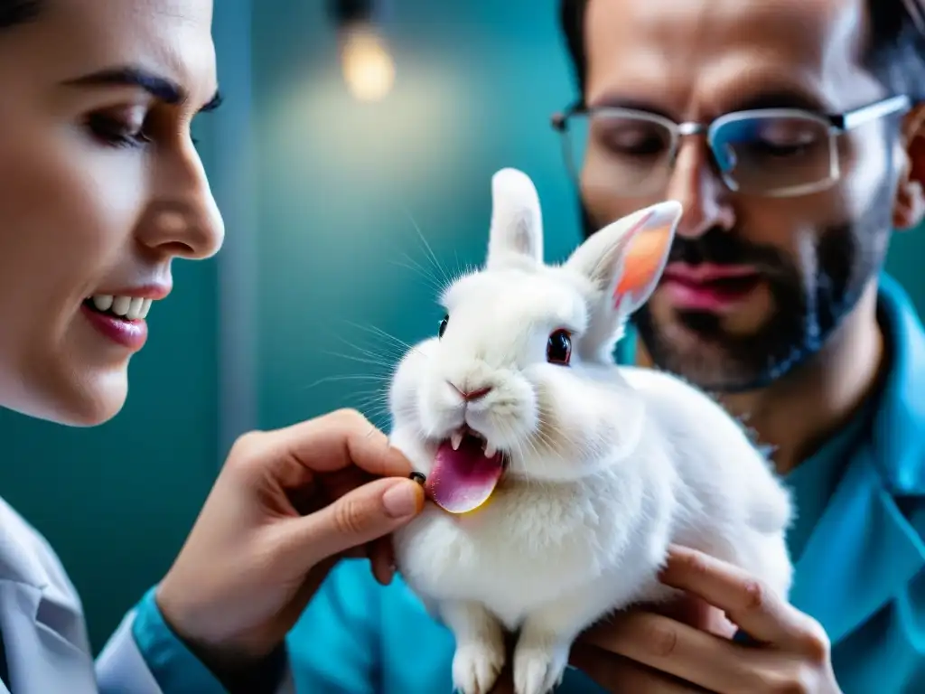 Examen dental detallado de conejo: cuidado veterinario Prevención cuidados dentales conejos: veterinario examina delicadamente los dientes de un conejo blanco, iluminados por lámpara de clínica