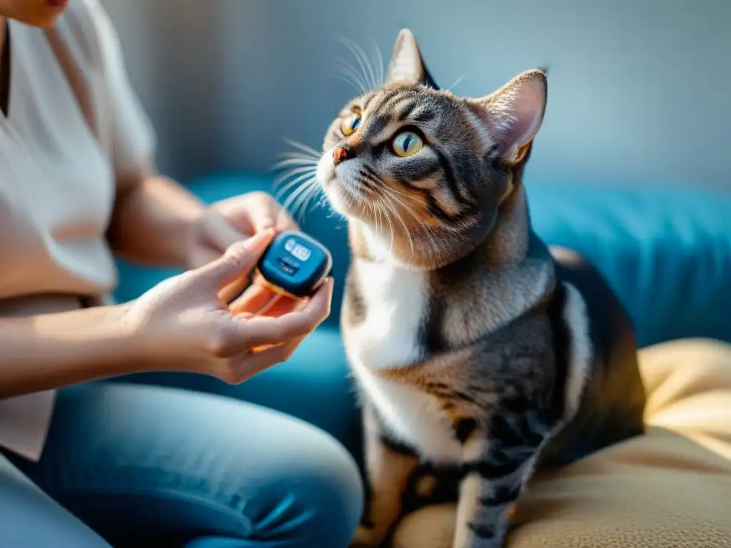 Cuidados de mascota con diabetes: dueño cuidadoso administra insulina a su mascota con amor y atención, resaltando conexión emocional