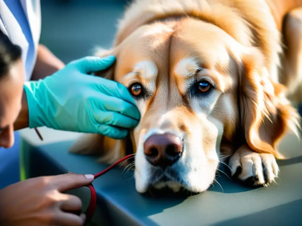 Cuidado especial para tu fiel amigo: Veterinario examina a golden senior con cariño Un golden retriever senior recibe cuidados veterinarios con amor y experticia, destacando la prevención enfermedades comunes mascotas senior