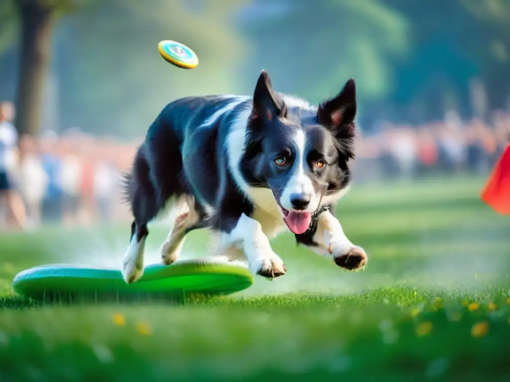 Border Collie en acción: Salto épico por el frisbee en el parque Collie deportista atrapando frisbee en parque verde, muestra determinación y agilidad