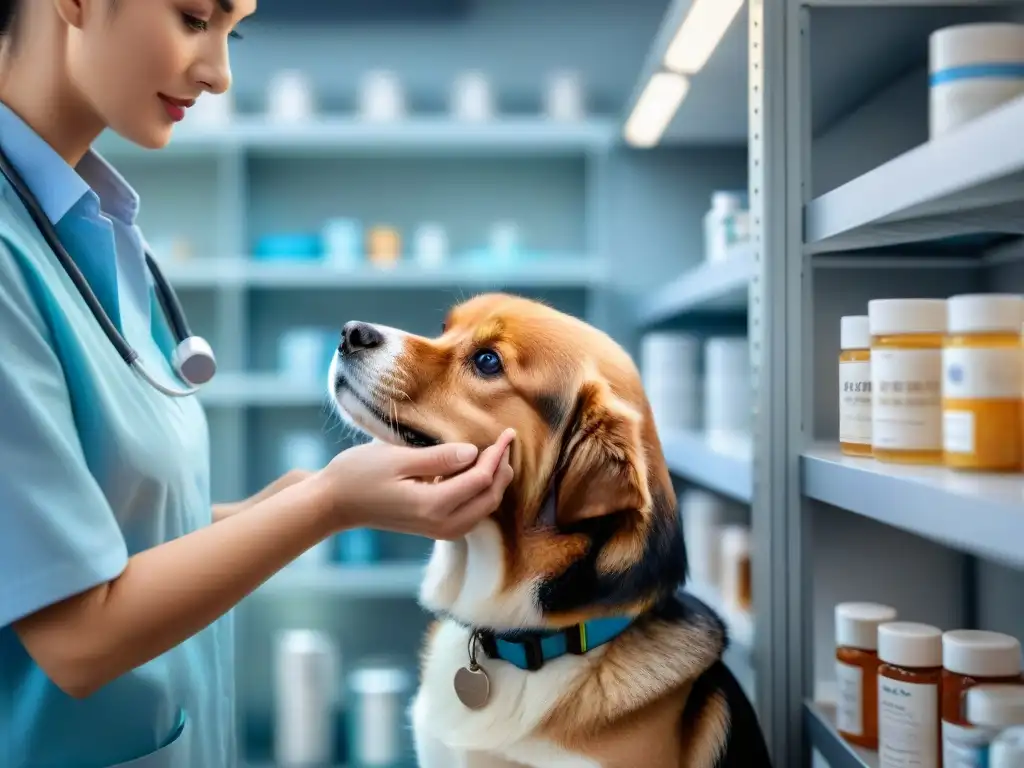 Veterinario tratando alergia por pulgas en perro Veterinario examina con compasión la dermatitis alérgica por picadura de pulga en perro, en clínica con productos para mascotas