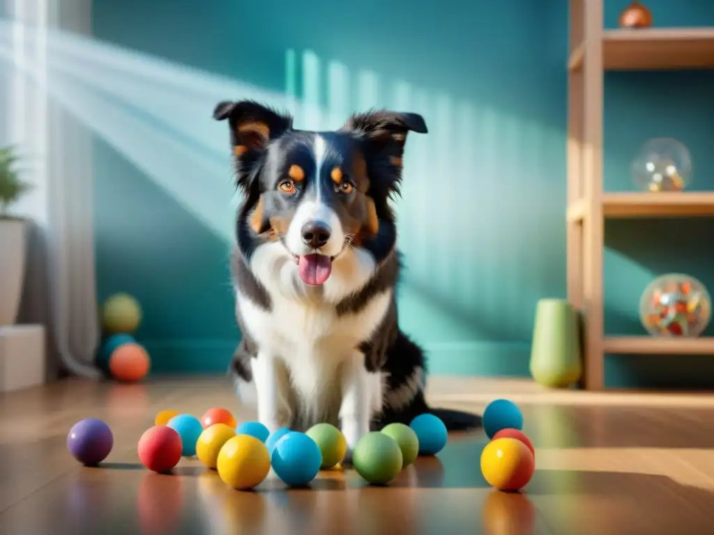 Un border collie resolviendo desafíos mentales con juguetes interactivos en un ambiente luminoso