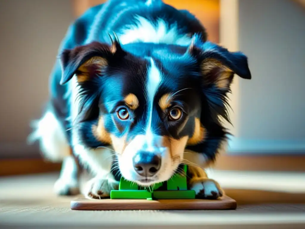 Border Collie resolviendo rompecabezas: concentración y habilidad en acción Border Collie resuelve rompecabezas, demostrando desarrollo cognitivo en juego interactivo