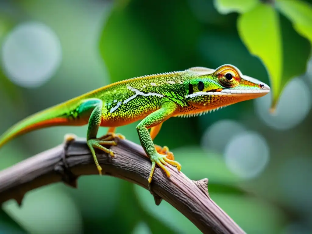 Detallada imagen de un anolis verde escalando una rama, bajo la luz del sol en un hábitat natural