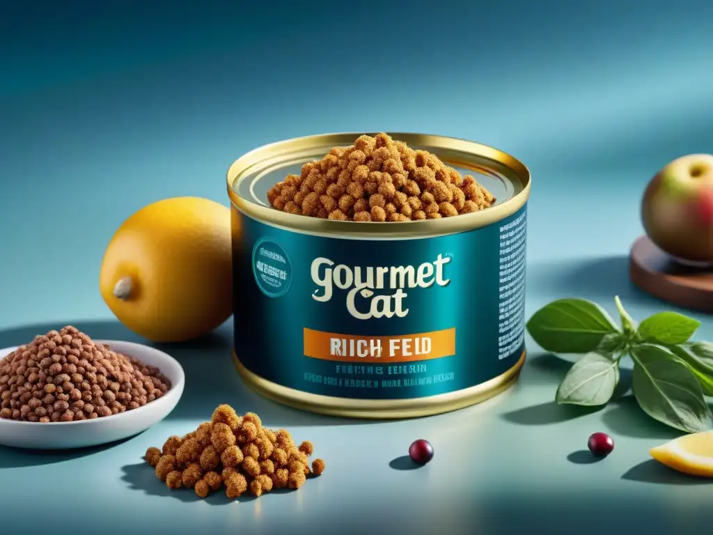 Delicioso gourmet para gatos: lujoso detalle en lata Detallada lata de alimento gourmet para gatos especiales, con diseño elegante y calidad premium