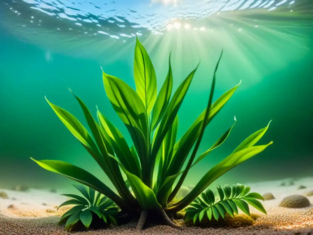 Detallada planta espada amazónica verde en agua cristalina, mostrando sus hojas, venas y raíces