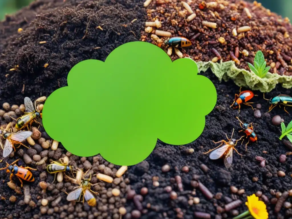 Detalles asombrosos de compostaje de desechos de mascotas Un detallado montón de compost verde hecho con desechos de mascotas, rodeado de insectos, mostrando el proceso de compostaje seguro