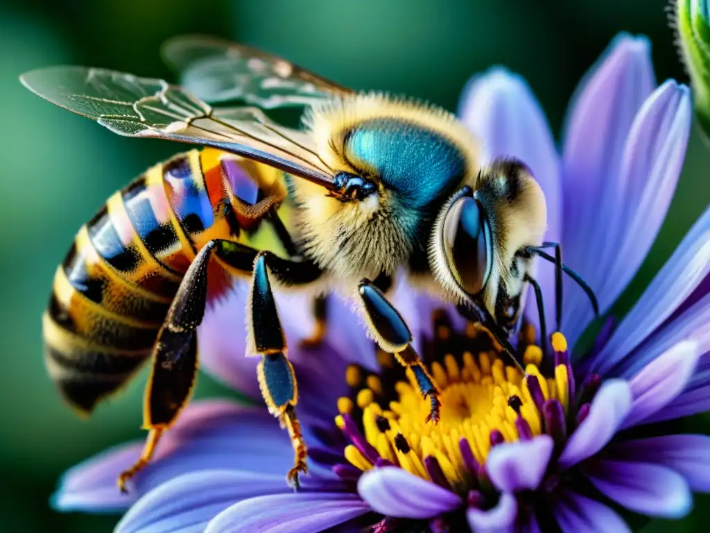 Belleza natural: Detalle de abeja recolectando néctar en flor morada Detalle asombroso de una abeja extrayendo néctar de una flor morada