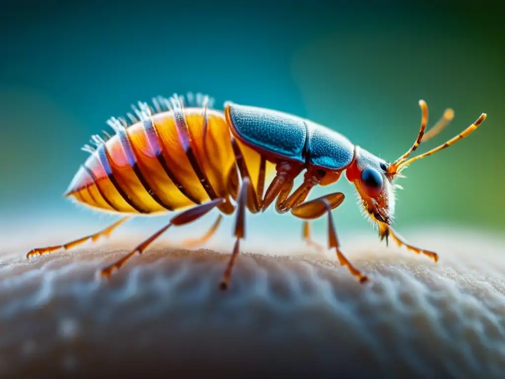 Detalle asombroso: Anatomía de una pulga en pelo de mascota Detalle asombroso de una pulga en el pelaje de una mascota, mostrando su anatomía y patas