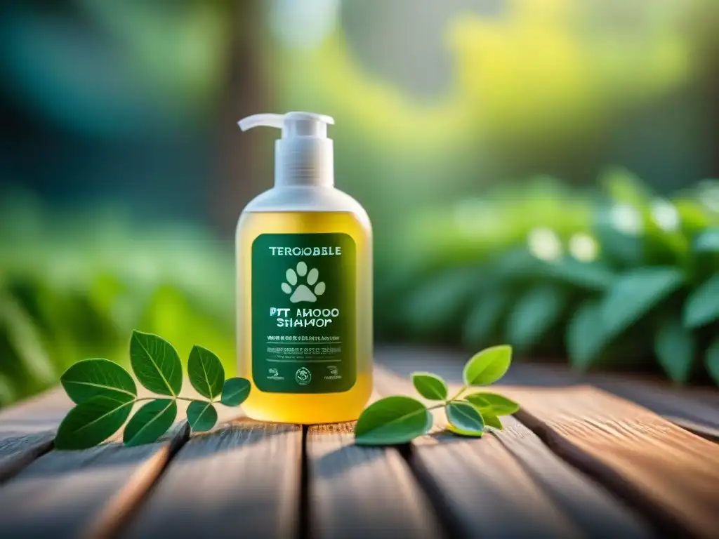 Champú ecológico: detalle botella con hojas verdes y huellas patitas Detalle del champú biodegradable para mascotas con diseño ecológico y hojas verdes en relieve