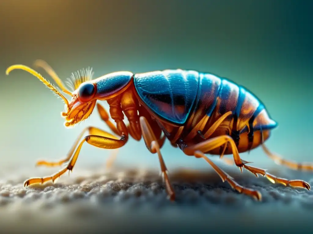 Anatomía detallada de una pulga: enfoque en patas, antenas y boca Detalle excepcional de la anatomía de una pulga, resaltando sus partes y estructura