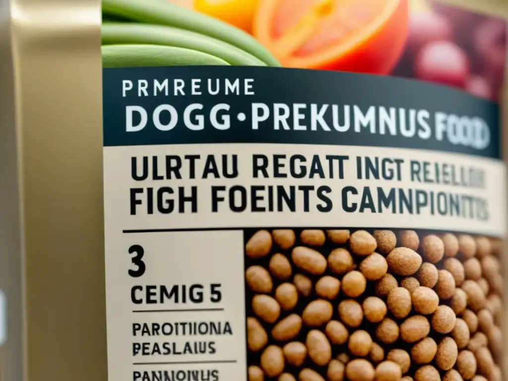 Etiqueta premium de comida para perros: detalle y calidad Detalle exquisito de una etiqueta premium de comida para perros, rodeada de ingredientes frescos y vibrantes