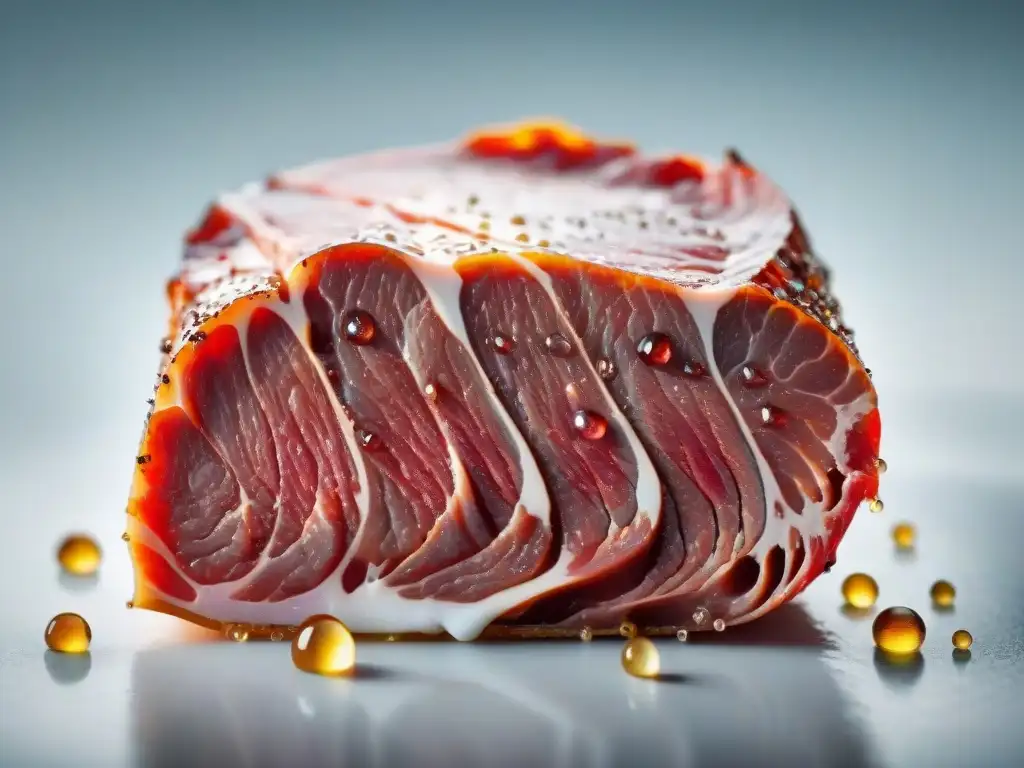 Deliciosa carne cruda: detalle ultradetallado y frescura Detalle impresionante de carne cruda fresca y jugosa, con texturas intrincadas y gotas de agua brillantes