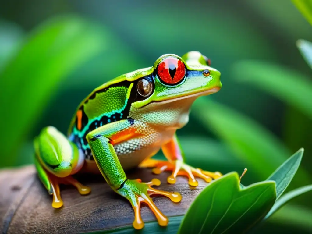 Captura asombrosa: Rana de ojos rojos caza grillo en la selva Detalle impresionante de una rana arbórea exótica capturando un grillo