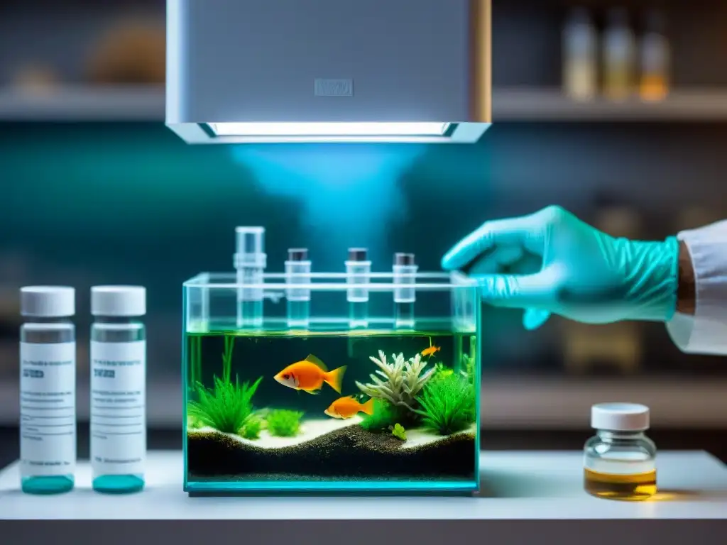 Kit de pruebas para acuario: detallada inspección con guante desechable Detalle de kit de prueba de agua para pecera, evitando enfermedades por errores en alimentación de peces