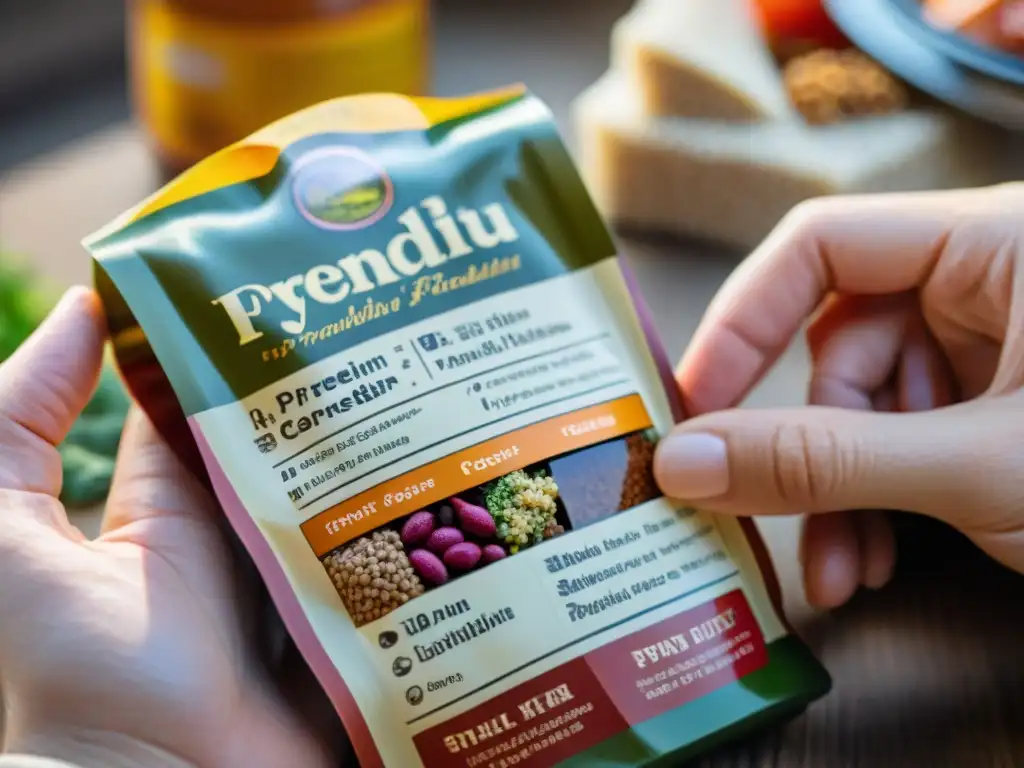 Etiqueta de comida para perros premium: detalle meticuloso y elegante Detalle minucioso de una etiqueta premium de comida para perros siendo examinada con cuidado por las manos de un dueño atento, en una cocina acogedora