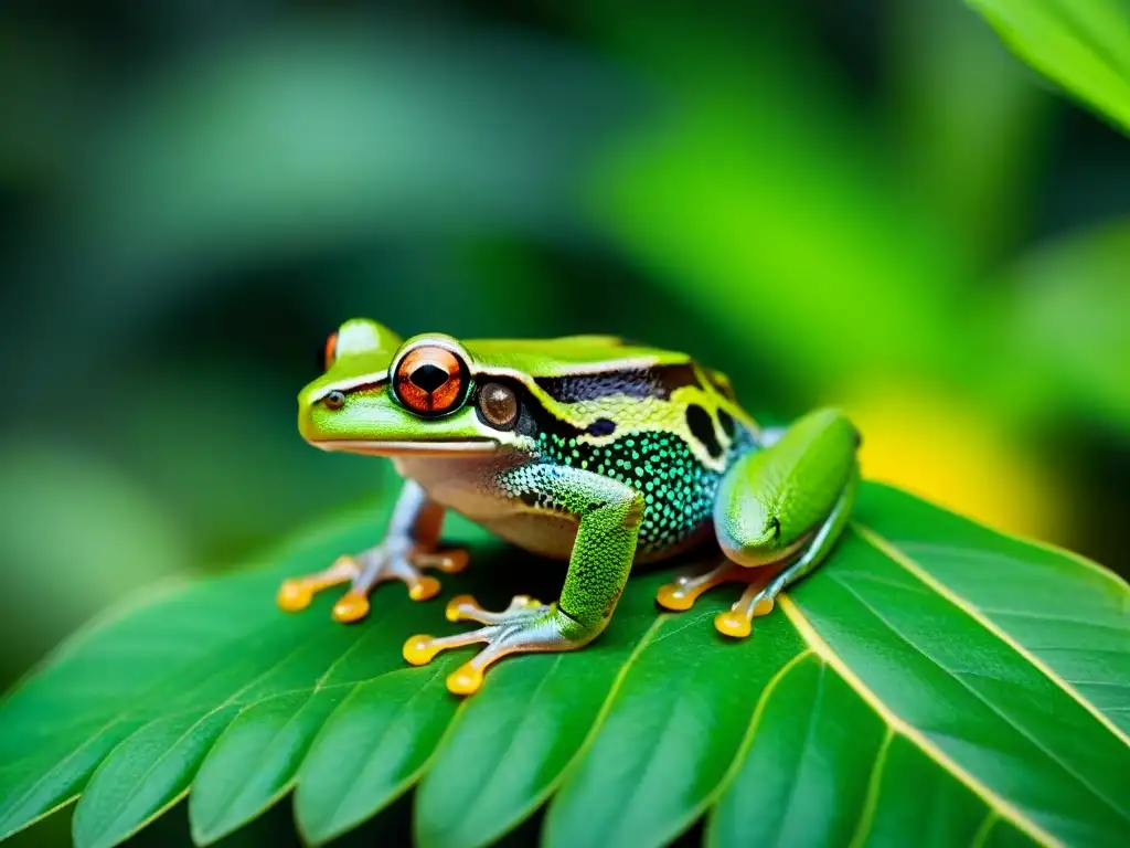 Detalle de una rana verde vibrante en una hoja densa en la selva tropical, reflejando un enriquecimiento ambiental reptiles saludable
