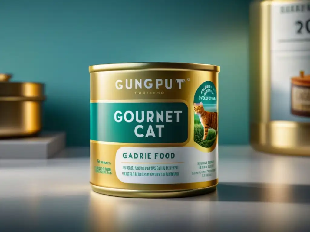 Detalle lujoso: Lata gourmet para gatos Detalles lujosos de lata de alimento gourmet para gatos especiales en cocina moderna