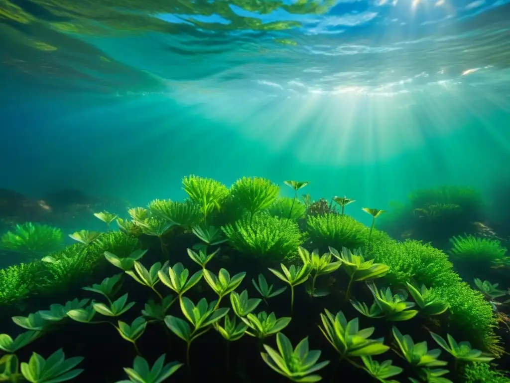 Detalles de plantas acuáticas verdes en agua clara, mostrando patrones de luz y sombra
