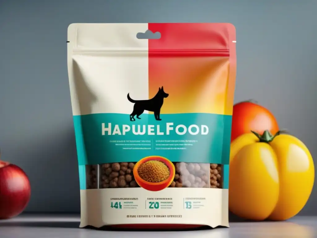 Packaging de comida para perros: detalle moderno y vibrante Detalles vibrantes y modernos en envase de comida para perros, inspirando confianza en 'Guía práctica etiquetas alimentos perros'