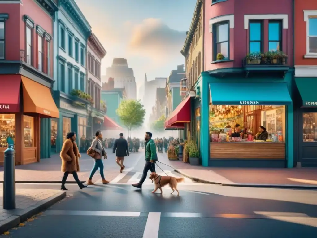 Paseando perros en una animada calle de la ciudad Un día lleno de vida en una calle de la ciudad, donde perros de diversas razas y tamaños disfrutan junto a sus dueños