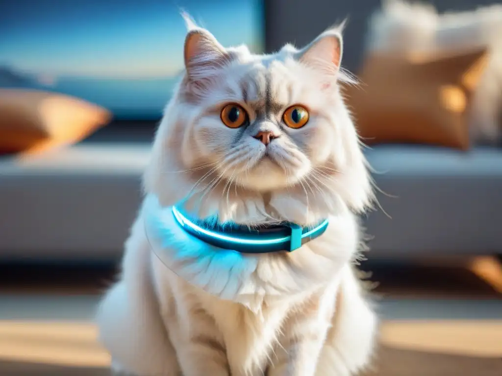 Un dispositivo futurista para mascotas en un gato persa blanco, con sensores y pantalla mostrando datos en tiempo real